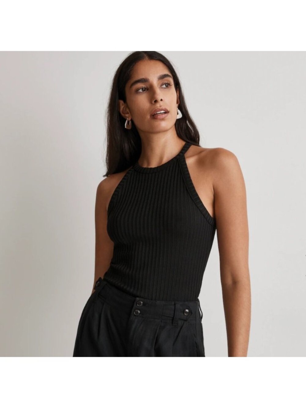 Madewell Ribbed Cutaway Crew Neck Tank Top Black Sz XS NN264 Neutral